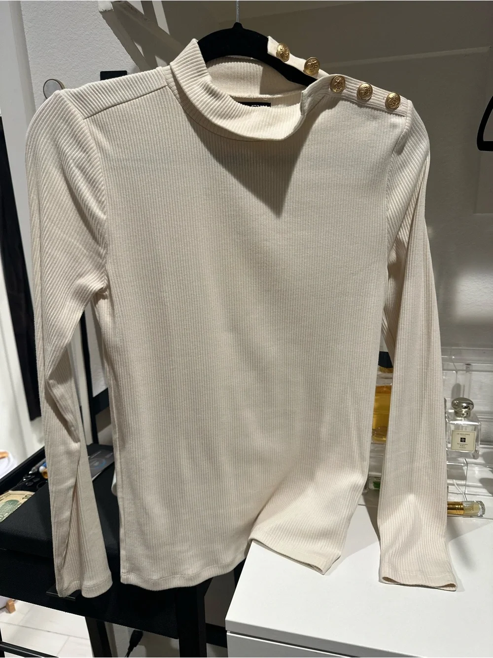 J-Crew Ribbed Mock Neck Button-Shoulder Top - Cream